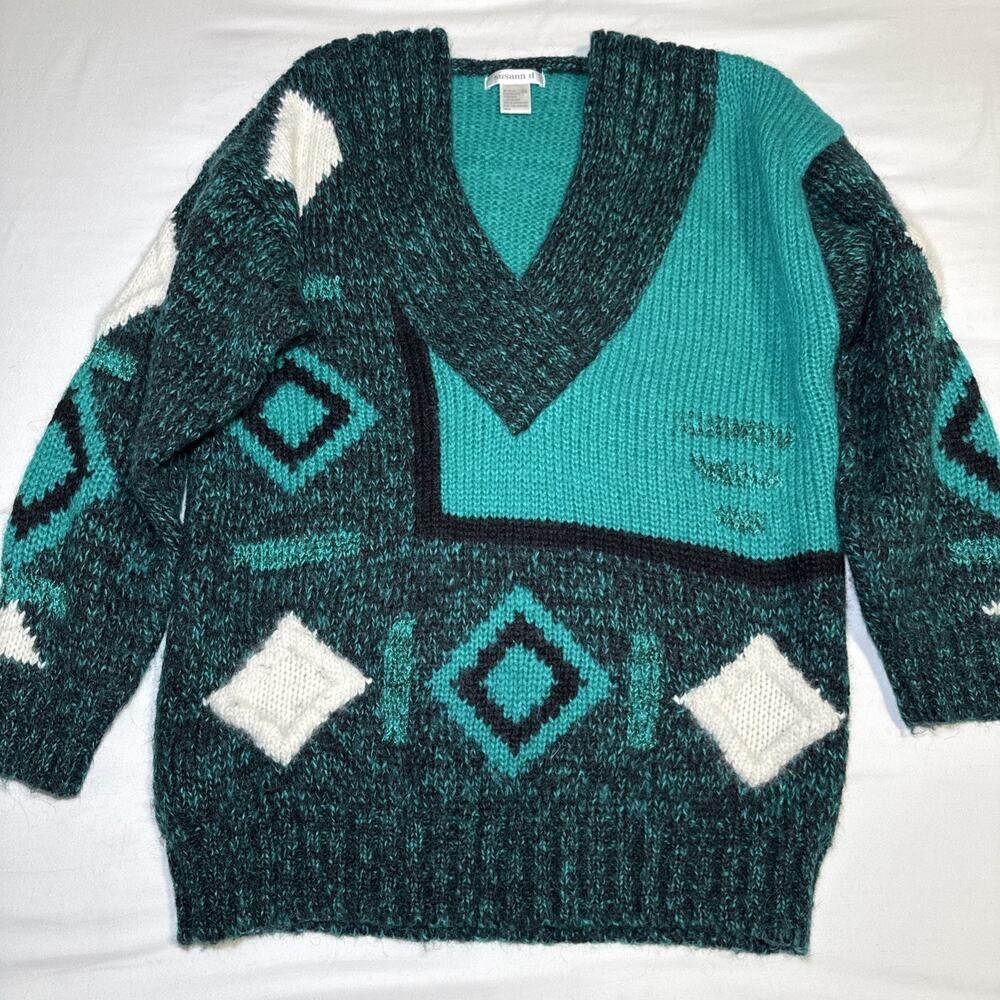 Vtg Susann D Sweater M Teal Ivory Geo Abstract Chunky Knit Wool Angora Blend EUC